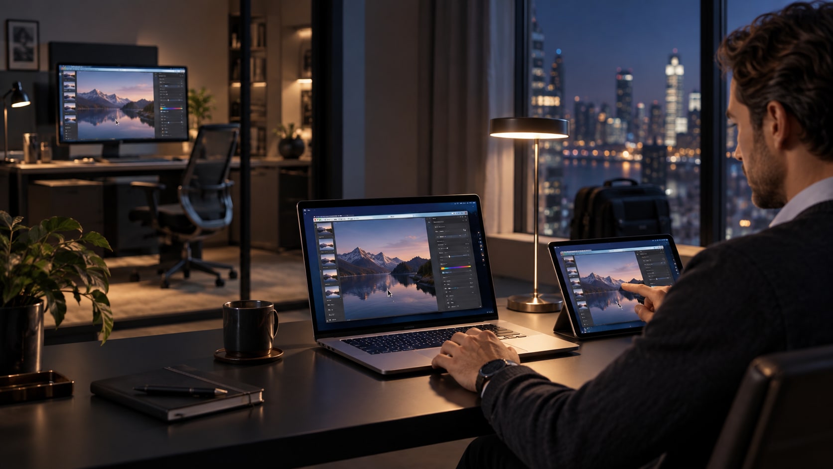 A professional works in a premium evening workspace with a Mac laptop and several owned computers for a secure remote workflow.