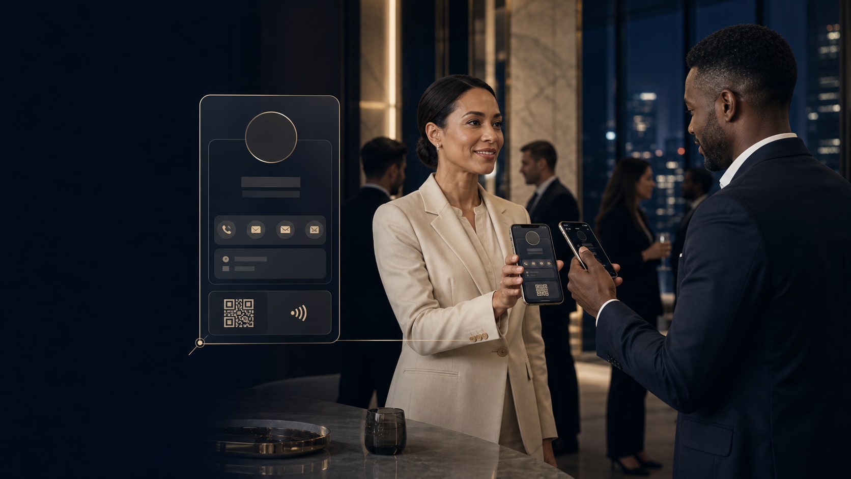 Dois profissionais partilham uma identidade empresarial digital durante uma conversa presencial.