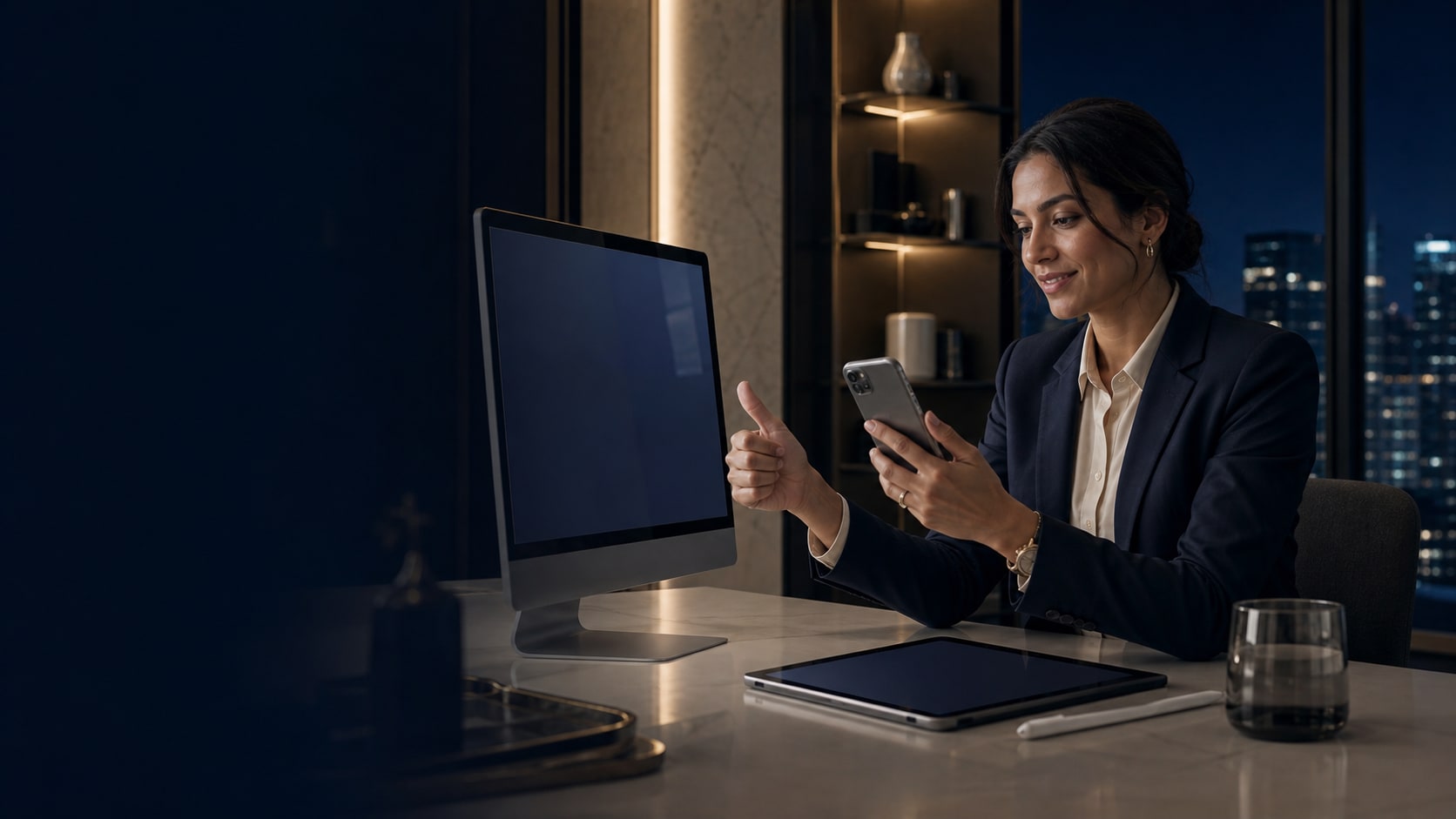 Uma profissional dá consentimento no próprio iPhone e vê o ecrã junto a um Mac e iPad num espaço de trabalho premium.